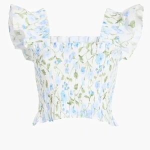 HILL HOUSE HOME Paz Cotton Poplin Floral Peony Bouquet Print Nap Top Blue Green